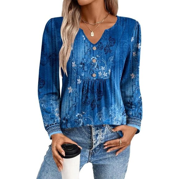 Tops - Long Sleeve Shirt for Women Polyester Spandex Floral V Neck Casual Top